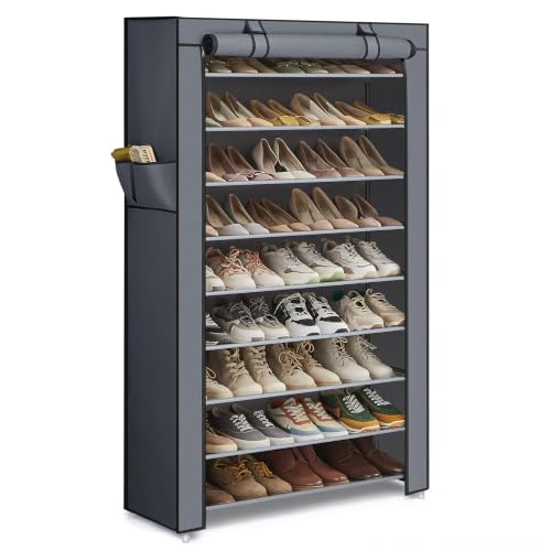 SONGMICS Sapateira com capa de tecido não tecido, prateleira de armazenamento de 9 camadas para 40 a 50 pares de sapatos, entrada, adequada para tênis, saltos altos, sapatilhas e botas, cinza RXJ36G01
