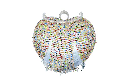 Image of UMREN Women Luxury Heart Shape Tassel Evening Clutch Bag Rhinestones Wedding Party Purse Handbag