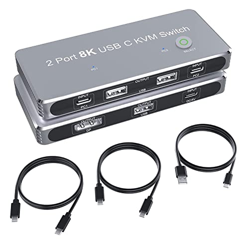 ConnBull USB-C Switch KVM Commutateur 2 in 4 out - 4K@60Hz/120Hz, 8K@30Hz Video/Sharing Mouse Keyboard Printer Compatible with Thunderbolt 3/4 Cable, Gray Cover