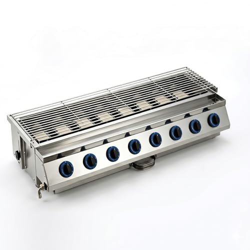 Barbacoa de Gas Comercial de Acero Inoxidable con 4/6/8 quemadores y Plancha, Cuenta con Encendido Independiente y está pensada para restaurantes y cocinas al Aire Libre,102 * 40 * 19cm