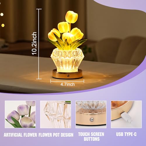 Image of Artificial Purple Tulip Flower Lamp Night Light with Crystal Vase, Gifts for Women Mom Grandma Girlfriend Birthday Christmas Valentines Mothers Day Bedroom Home Shop Cafe Decor