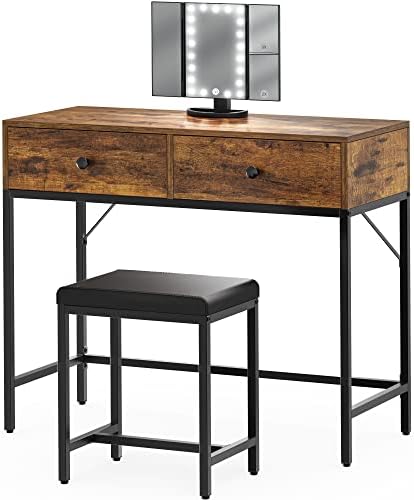 SUPERJARE Vanity Desk, Makeup Vanity with Stool & Tri-fold Lighted Mirror, Vanity Table Set with 2 Large Drawers - Vintage Brown