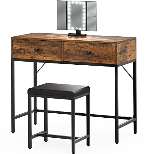 Superjare Vanity Desk, Makeup Vanity With Stool & Tri-Fold Lighted Mirror, Vanity Table Set With 2 Large Drawers - Vintage Brown #TOP12