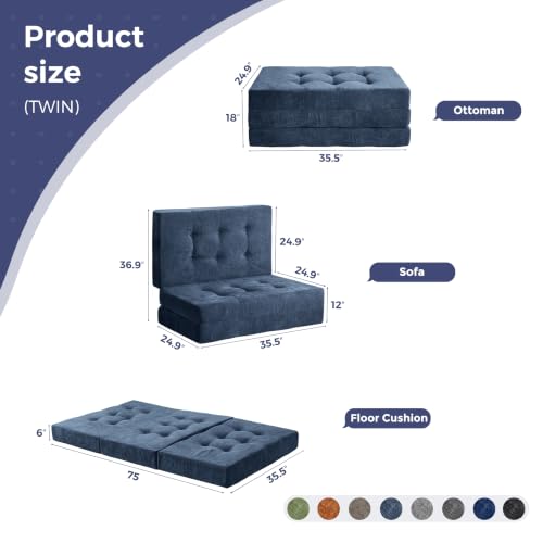 Image of MAXYOYO 6 inch Folding Sofa Bed for Floor, Tufted Tri-Fold Floor Mattress | Twin Size Portable Sofa Couch Guest Mat with Chenille Fabric for Adults, Foldable Topper for Camping, Dusty Blue, Twin