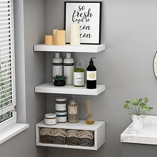 TEPLEDGE Floating Shelves Set of 3, Modern Bathroom Shelves Over Toilet with Paper Storage Rack, Wall Mounted Shelves for Kitchen, Bedroom, White