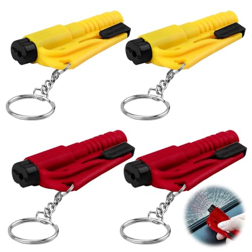 CAISYE 4 Stück Das Original Notfall-Schlüsselbund-Auto-Fluchtwerkzeug, Auto-Sicherheitsschlüsselanhänger 3 in 1, Notfallglasbrecher, Gürtelschneider, Notfallpfeife, Fluoreszierend, Gelb, Rot