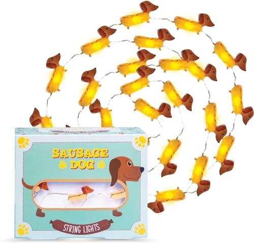 Fizz Creations Sausage Dog LED String Lights – 20 Mini Dachshund Lights on 2m Copper Wire, Battery Operated. Warm White Fairy Lights for Bedroom, Party, Garden & Pet Lover Home Décor.