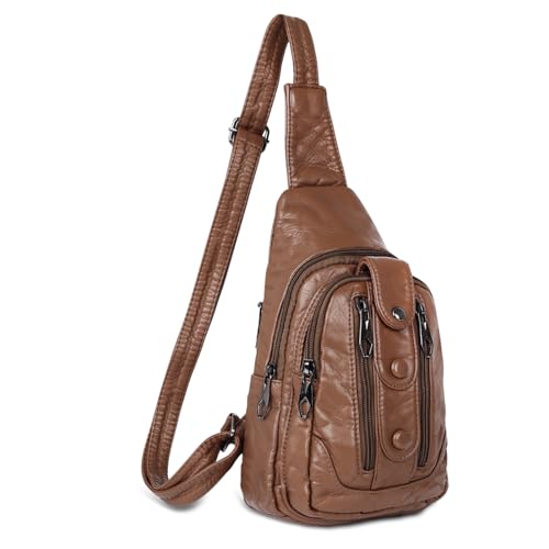 Relang Sling Bag for Women Crossbody, Leather Cross Body Fanny Packs for Women, Trendy Chest Bag for Travel and Daily Use Brown Multi-zipper