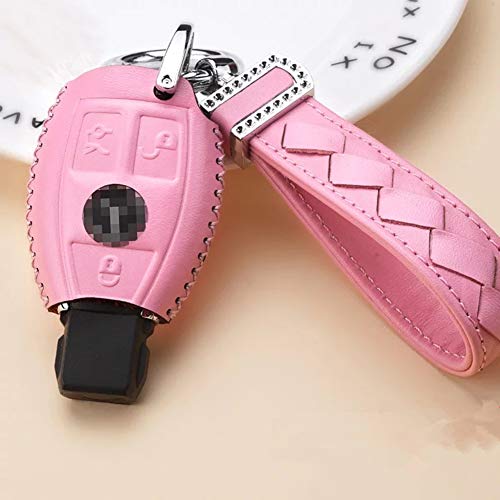 Genuine Leather Key Case Cover Shell For Mercedes-Benz 3-Button Keyless Entry Remote Control Smart Car Key Protection Fob Skin Cover Etui With Braided Key Chain & Key Rings In Pink #TOP5