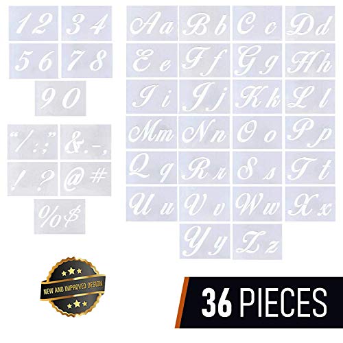 Letter Stencils for Painting on Wood - Alphabet Stencils with Calligraphy Font Upper and Lowercase Letters - Reusable Plastic Art Craft Stencils with Numbers and Signs - Set of 36 PCs 8.27"x5.87" (AA)