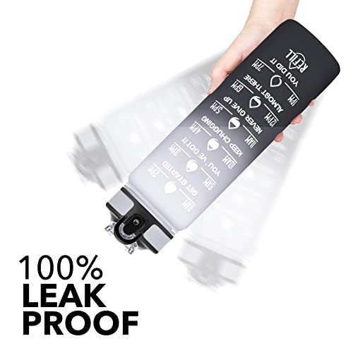 Image of HYETA 32 OZ Water Bottle with Times to Drink and Straw, Motivational Timed Marker Water Bottles with Strap, Leakproof & BPA Free, 1 Liter Reusable Sports Water Bottle for Fitness, Gym & Outdoors, Gray-Black