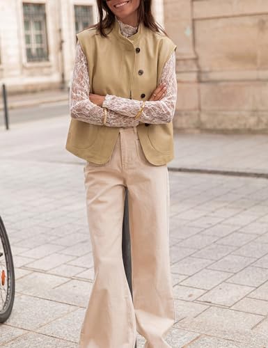 Watashi Women's Stand Collar Cotton Vest Casual Button Up Oversized Sleeveless Waistcoat Spring Summer Layering Cardigan (Khaki-XL) — view 3