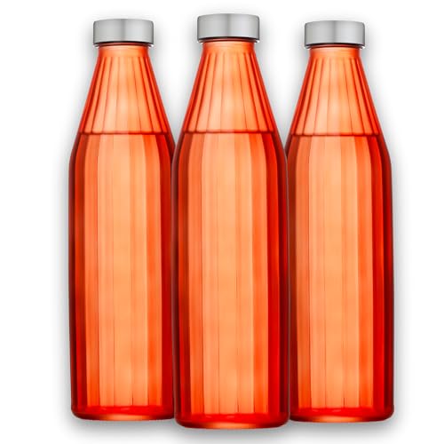 Image of SAND DUNE OrangeColour Glass water bottle, 800 ml Each, Set of 3, with Leak-Proof Airtight Stainless-Steel Lid for Water, Smoothie, Juices - Reusable Travel Glass Drinking Fridge Bottles