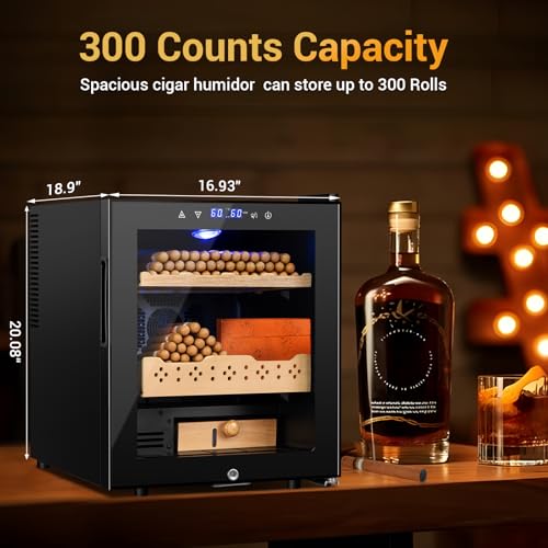 Velieta Electric Cigar Humidor, 50L 300 Counts Large Capacity,Thermostatic Cooling Humidor Cabinet with Spanish Cedar Wood Shelves, Digital LED Screen, Safety Lock, Father's Day Gift for Men