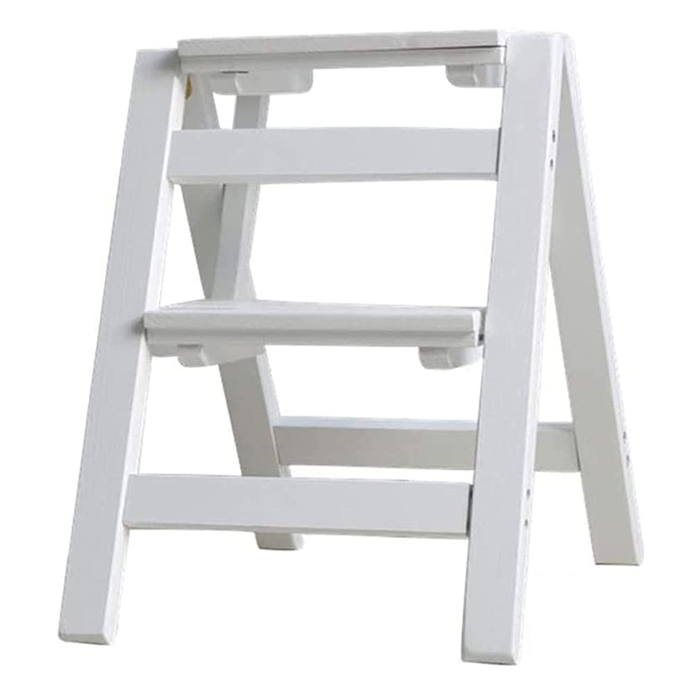 Solid Wood Folding Step Ladder Stool with Multi Layer Design Portable and Multi Functional Utility Chair Seat Non Slip Foot Cover Included(White,2 Steps)