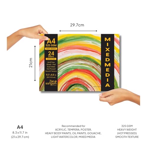 Image of Zen Sangam Artists' - Combo Pack of A3,A4,A5 Heavy Weight Mixed Media Glued Sketch Paper Pad - 325GSM - Hot Pressed - Smooth Texture Surface - For Heavy-body Paints, Calligraphy and BrushPen Lettering