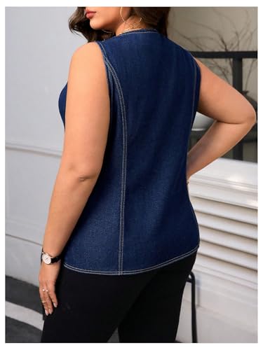 MakeMeChic Women's Plus Size Denim Vests Crew Neck Sleeveless Button Down Vest Outerwear2