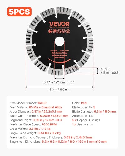 Image of VEVOR Diamond Blades 6.3 inch, 5-Pack Wall Chaser Saw Blade Cutting Blade, 0.87 in Arbor, High-Hardness Diamond Segments, 65Mn Steel Core, Dry Wet Cutting, Clean Edges for Concrete Brick Stone Cement