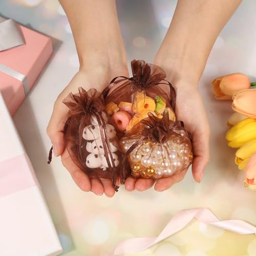 Image of Hopttreely 100PCS Sheer Organza Bags, 4x4.72 Brown Satin Drawstring Organza Jewelry Pouch Wedding Party Favor Gift Bag