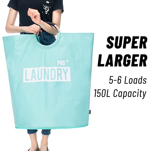 Caroeas Super Large 150L Laundry Hamper Pro, Waterproof Laundry Basket, Clothes Hamper Stands Up Well, Laundry Bag with Padded Handles, Collapsible Laundry Basket Easy Storage (Light Blue)