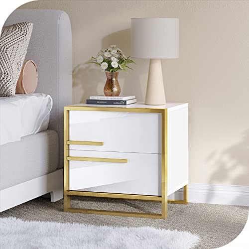 Hernest Modern Nightstand Storage Cabinet With Solid Wood 2 Drawers Sofa Bedside End Table Glam Steel Frame Accent Furniture Without Assembly For Bedroom/Living Room/Salon/Office, Left, White #TOP5
