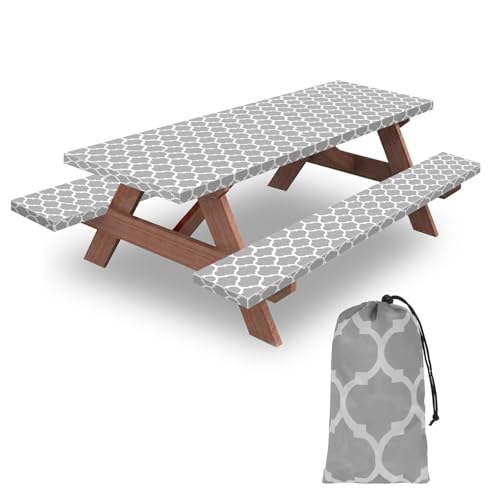 KENOBEE 8ft Picnic Table and Bench Cover, Camping Essentials RV Gear, 96 in Waterproof Windproof Outdoor Elastic All Around Tablecloth, Fitted Rectangle Tables and Seats, Gray-White Moroccan