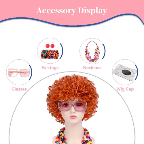 Image of Women Roper Curly Orange Red Cosplay Wig with Necklace Earrings and Sunglasses for Women Hallween Costume Wig