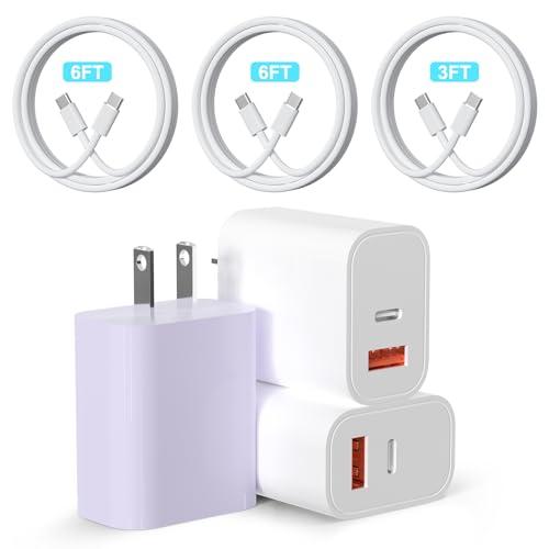 Phone Charger 3Pack 20W Dual Port QC + PD 3.0 Power Adapter PD Fast Wall Charger Block with 1 * 3FT&2 * 6FT C to C Cables Compatible with Phone 16/15/14/13 Pro, Pixel,i.pad Sa.msung