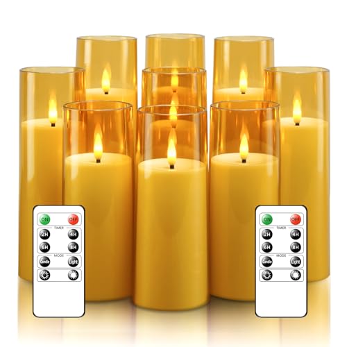 kakoya Flickering Flameless Candles Battery Operated with Remote and 2/4/6/8 H Timer Acrylic Led Pillar Candles Pack of 9 (appr D2.3"xH5.5"6.5"7.5")with Realistic 3D Wick Candles for Home Decor(Gold) by kakoya - Used condition - US$25.03