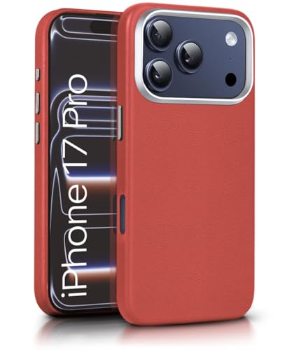 Image of WOW IMAGINE Back Cover for iPhone 17 Pro | Shockproof Tough Leather Texture Hard Mobile Case | Ultra Slim Non-Slip Grip | Inner Velvet Fabric | Metal Camera Ring - Crimson Red