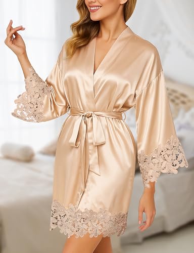 Image of EPLAZA Bride Robe for Wedding Day Set Bridal Robe Lace Trim Silky Embroidery Satin Kimono for Bridal Party