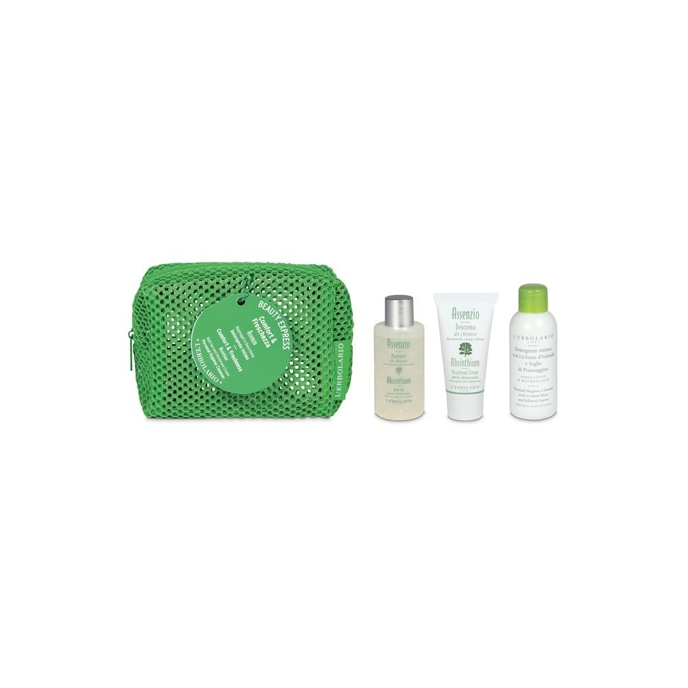 L'Erbolario Beauty Express Comfort & Freschezza – Kit Pochette Assenzio | Bagnogel 50 ml + Deocrema 20 ml + Detergente intimo con Lichene d'Islanda e foglie di Piantaggine 50 ml