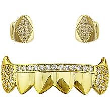 OOCC 18K Gold Plated Hip Hop Teeth Grillz Caps Iced Out CZ 2 pc Single Top 6 Bottom Vampire Fangs Grillz with Diamonds for Your Teeth