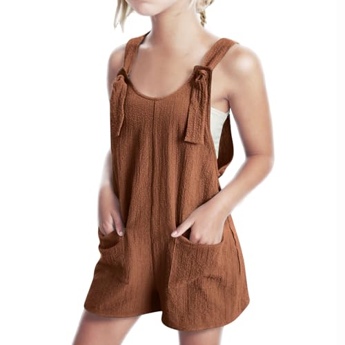 Mädchen Romper ärmellos verstellbarer Tie-Up Armband kurze Jumpsuits Baumwolle Wäsche 𝗕ib Kurze Overalls Sommerkleidung mit Taschen Teens Casual Bodysuit Outfits (Brown, 5-6 Years)