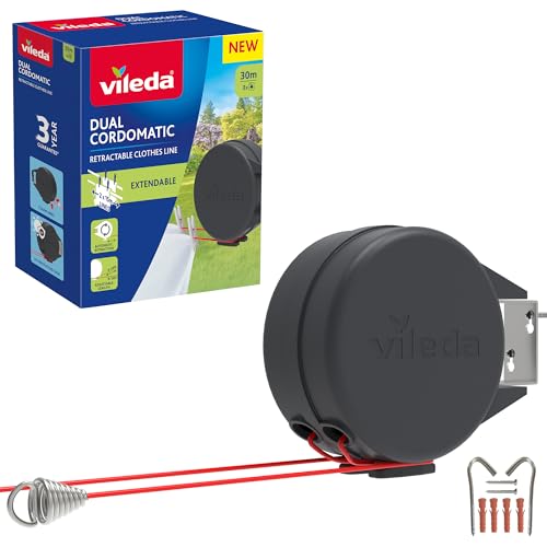 Vileda Corde à Linge rétractable Double Cordomatic - 30 m - 2 x 15 m - Peut Supporter jusqu'à 30 kg - Rétraction Automatique - Solide et Durable - Fixation Murale pour intérieur et extérieur