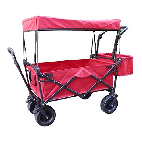 MOLVUS Portable Folding Garden Trolley Cart Heavy Duty Wagon with Canopy Multi-Function Shopping Cart for Outdoor Camping Beach Pull Truck with 4 Wheels, Load：150Kg (Red)
