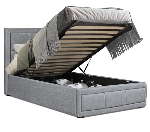 Upholstered Ottoman Bed, Single Bed Frame UKFR Linen Fabric Grey Ottoman Storage Bed With Gas Lift End Opening Wooden Slats With Storage Bed (3ft Grey Single Bed Frame 100 x 204, No Mattress) 3 Upholstered Ottoman Bed, Single Bed Frame UKFR Linen Fabric Grey Ottoman Storage Bed With Gas Lift End Opening Wooden Slats With Storage Bed (3ft Grey Single Bed Frame 100 x 204, No Mattress) - Image 3