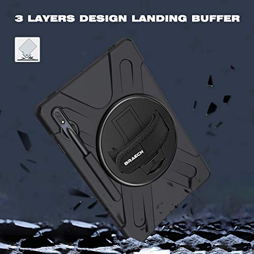 Braecn Samsung Galaxy Tab S8 Plus/S7 Fe Case 12.4 Inch,Heavy Duty Shockproof Case With S Pen Holder& 360 Rotating Hand Strap/ Kickstand Shoulder Strap For Galaxy Tab Tab S8 Plus/S7 Plus/S7 Fe-Black #TOP5