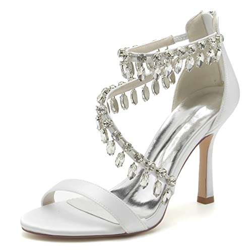 LGYKUMEG Mujeres Zapatos de Vestir Tacones Sandalias de Boda Novia Rhinestone Stiletto Heel Cabeza Redonda Elegante Satén Corte,Blanco,37EU/4UK Cover