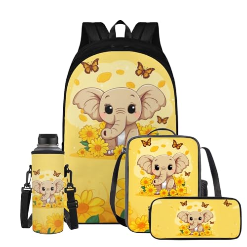 ELEDIZI Sunflower Elephant Backpack for Girls Kids Backpack with Lunch Box Water Bottle Pouch and Cute Pencil Case 4PCS Set Bookbag with Compartments 17 inch Kawaii School Bag for Elementary Girls