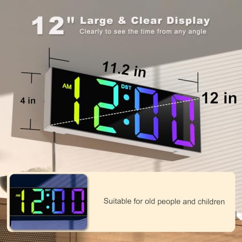 Image of JALL 12 inch Large Digital Wall Clock, Big LED Number Dispaly, RGB Colors, DST, Night Light for Classroom Living Room Bedroom Mounted Birthday Xmas Gift for Senior, Mem Womem (A White Shell, 12 inches)