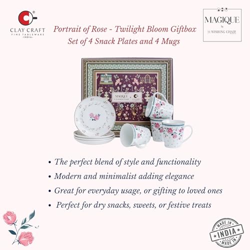 Image of Clay Craft x Magique by The Wishing Chair : Portrait of a Rose - Twilight Bloom Giftbox | Set of 4 Snack Plates and 4 Mugs | Dishwasher Safe | Festive Gifting | GiftBox Packaging