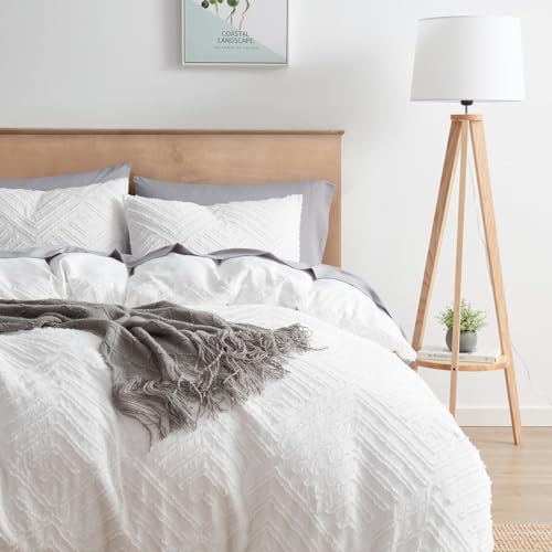 Boho Boho Duvet Cover Queen - Textured 3 Piece Tufted White Duvet Set with Zipper Closure, 1 Queen Size 90x90 Inches and 2 Pillow Shams