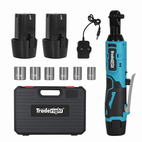 Traderight 12V Cordless Electric Ratchet Wrench, 3/8" Drive, 42Nm Max Torque, Variable Speed 0–300RPM, LED Work Light, Forward/Reverse Safety Lock, 2×1500mAh Batteries & 6 Sockets – Car, DIY & Home Re