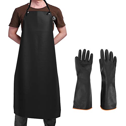 DaKuan Heavy Duty PU Apron & Latex Gloves, Waterproof Resist Strong Acid, Alkali and Oil Apron & Gloves Best for Staying Dry When Dishwashing, Lab Work, Butcher