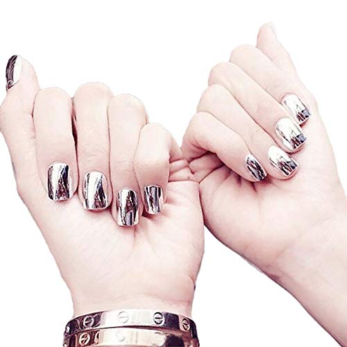 Press Glue on Nails Short Fake Nail for Women, DiscountOne 24pcs Silver Artificial Full Cover Flake Nail Tips with Glue Set