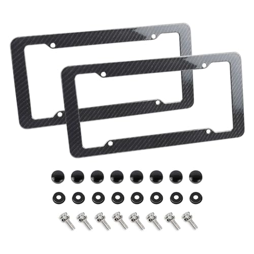 Bittwee 2PCS Car License Plate Frames, Carbon Fiber Vehicle License Plate Cover with Mount Hardware & Caps, Solid Automotive Front Rear Tag Frame Holder, Universal for Truck SUV Sedan