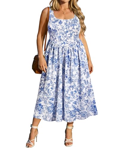 RITERA Plus Size Blue White Floral Summer Dresses for Curvy Women Maxi Square Neck Sleeveless Casual Beach Sundress V-Elastic Waistband Tank Dress with Pockets Flowy Patchwork Knit Woven 3XL 22W 24W