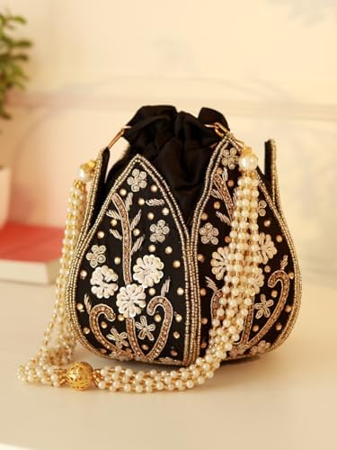 Image of THE TAN CLAN Baag Black Lotus Potli Bag - Handcrafted Silk Pouch with Intricate Zardozi & Lotus Design for Weddings, Bridal Accessories, and Special Occasions