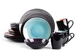 HomeVss Sonoma 16 Piece Stoneware Dinner Set, Samoa, Outside Black + Inside Hand painted Combi Color